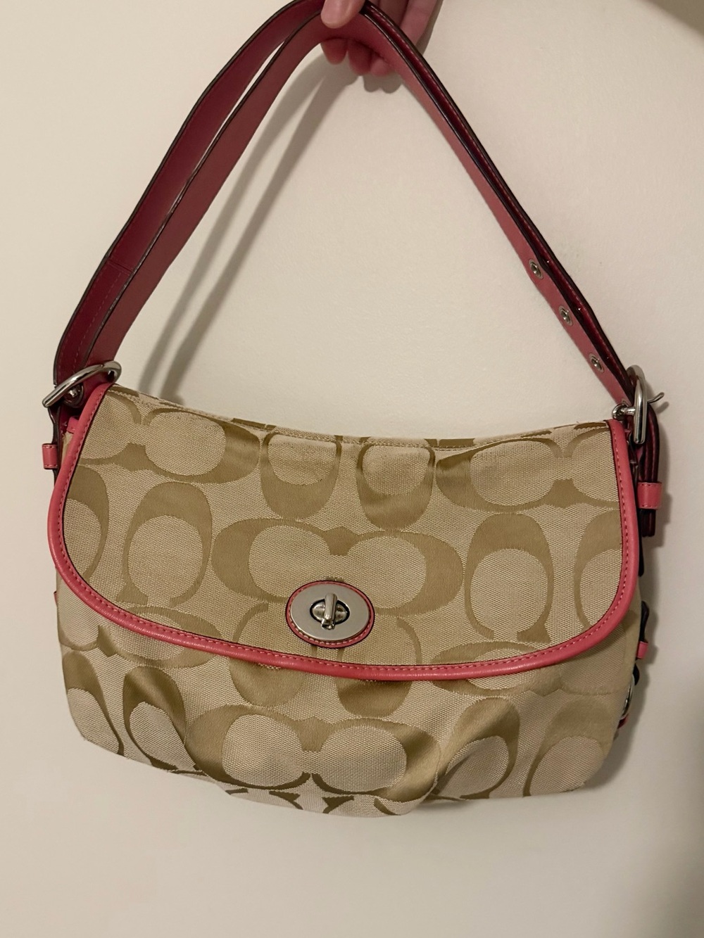 Vintage Coach 2010 Signature Print Turnlock Bag With Pink Leather Trim